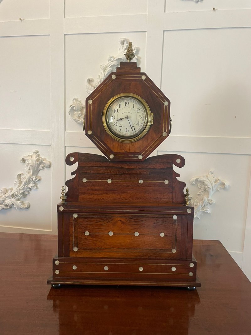 Antique Rosewood Inlaid Mantle Clock by Walker and Hall